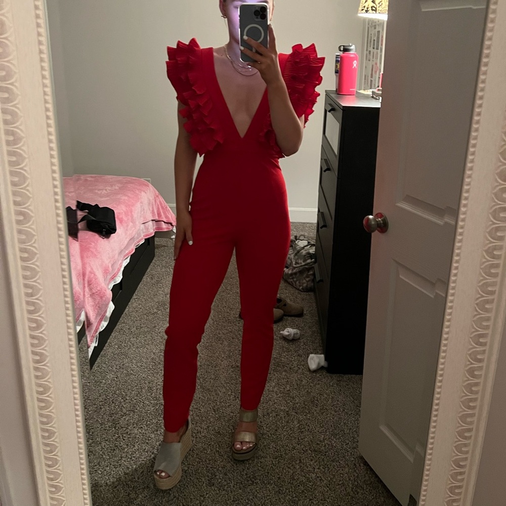 Ina Red Ruffle V-Neck Jumpsuit - Picture 6 of 6
